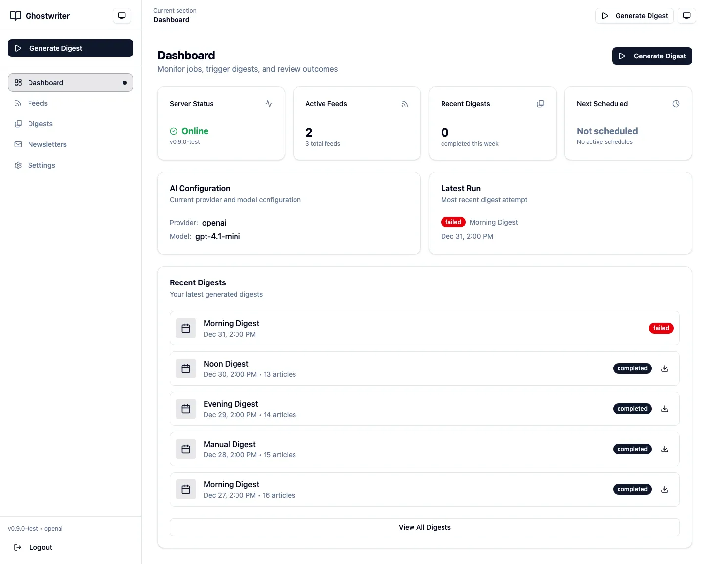Ghostwriter dashboard view