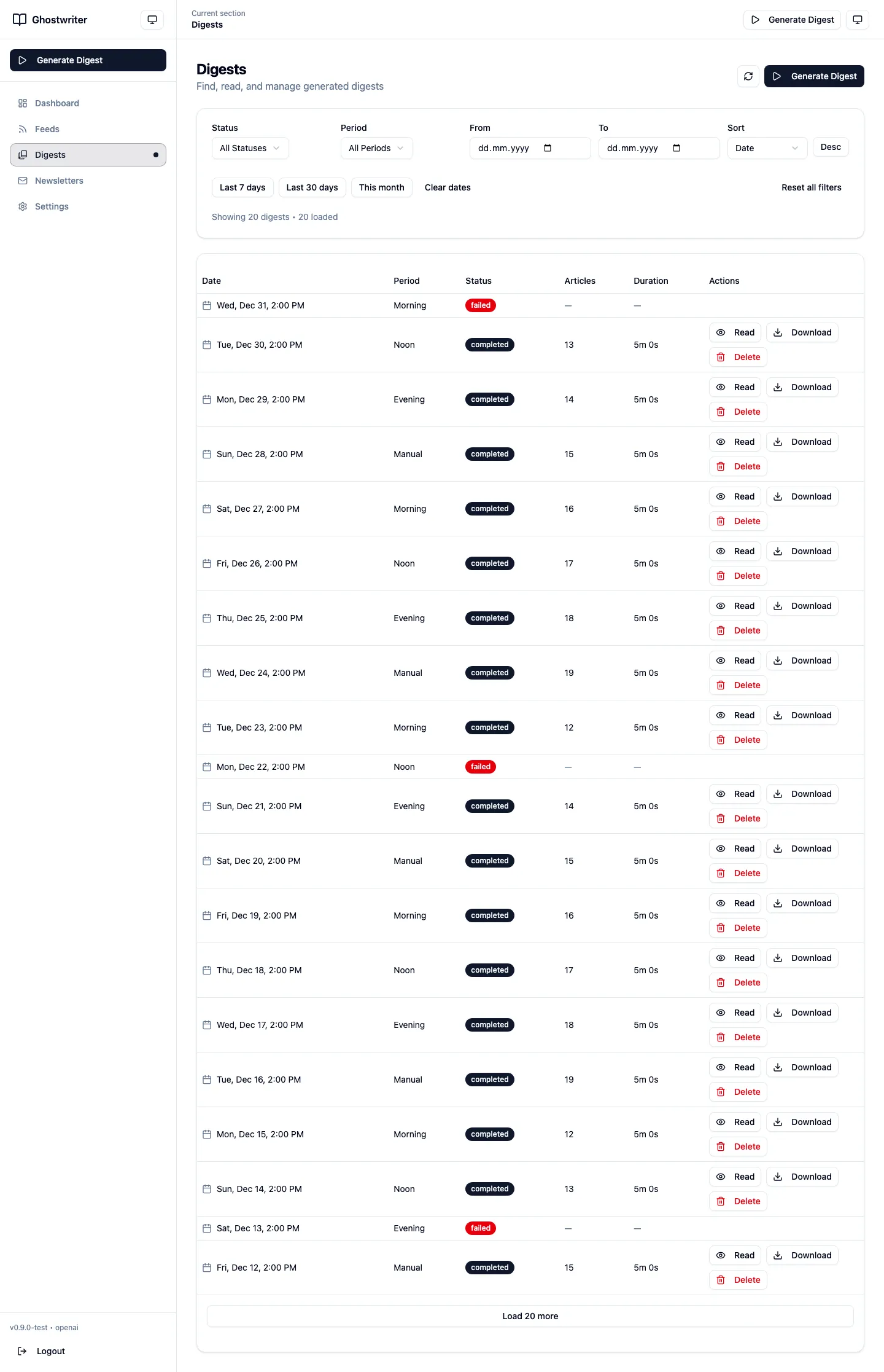 Ghostwriter digests history screen