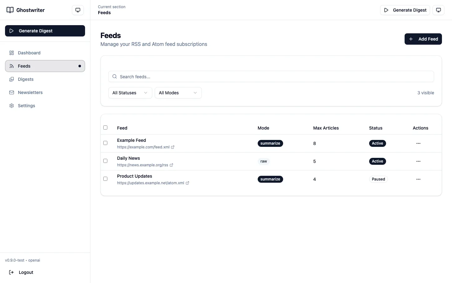 Ghostwriter feeds management screen