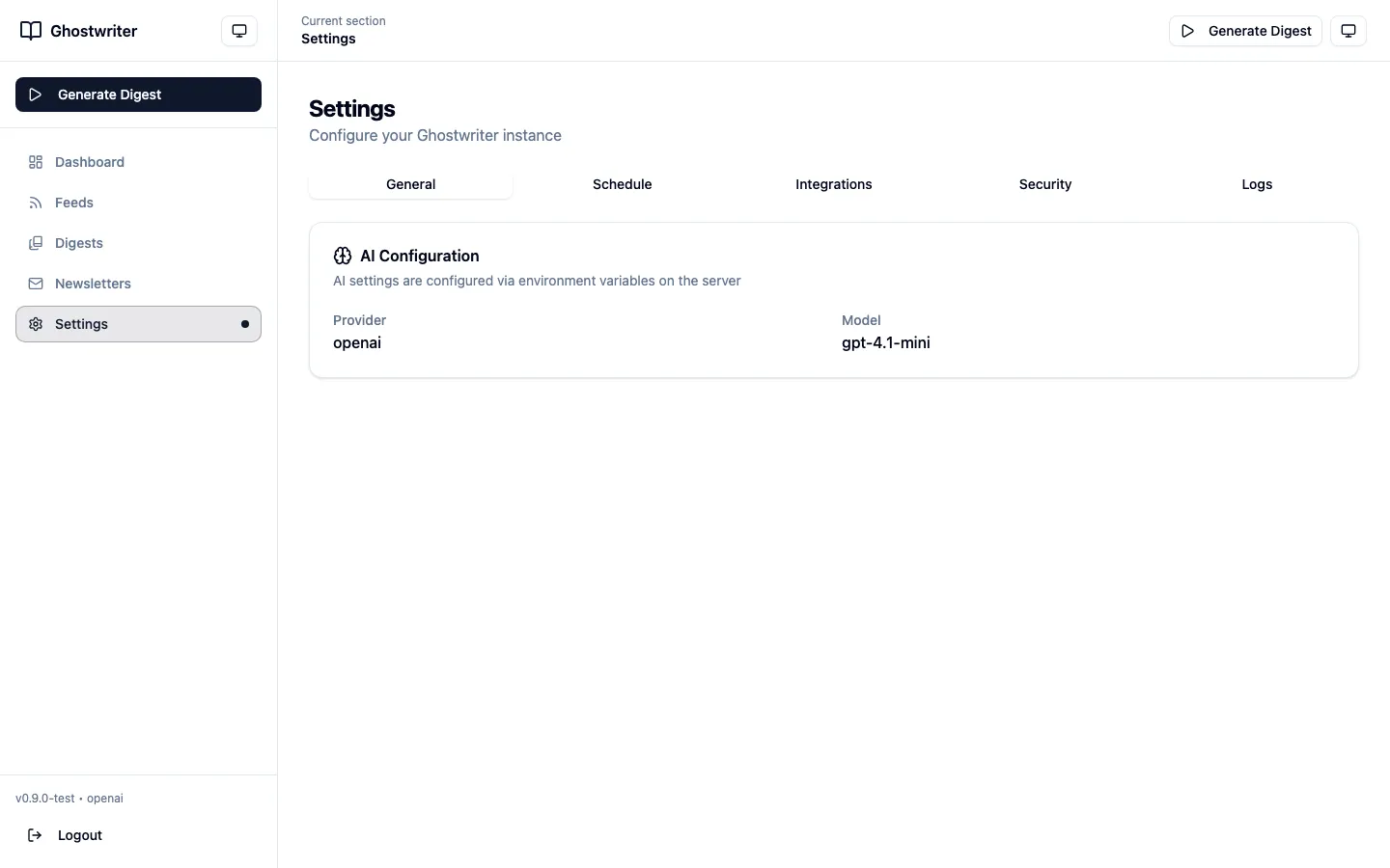 Ghostwriter settings screen